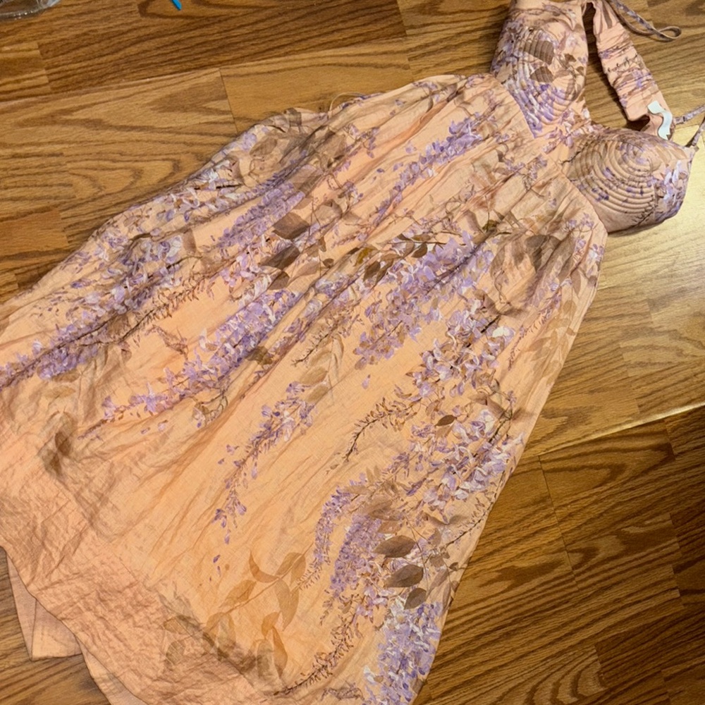 Zimmermann Floral Halter Dress in Peach and Lavender